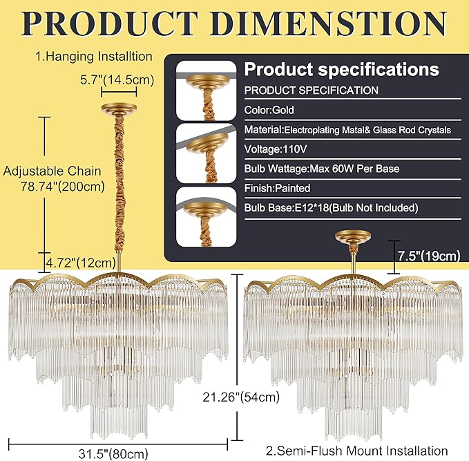 31.5" Gold Clear Glass Crystal Chandelier 18-Light Modern Crystal Pendant Ceiling Light Fixture 4-Tier Luxury Glass Chandeliers,for Dining Room Kitchen Island Living Room Bedroom