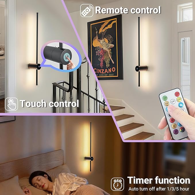 31.5 inch Battery Operated Wall Sconce Set Of 2, 10000mAh Rechargeable Wall Light With Remote Control, RGB Dimmable Wireless Sconces Wall Decor For Bedroom Living room Hallway, 360°Rotate, Black