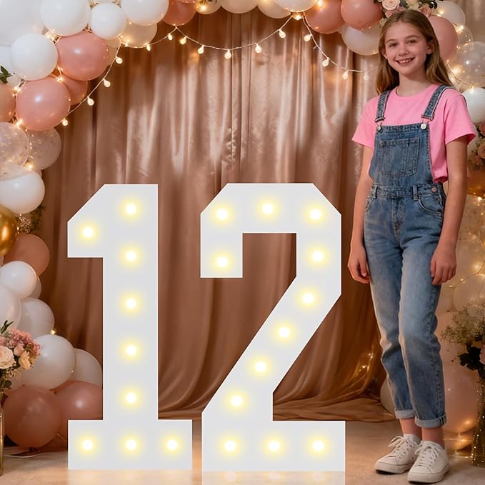 Pooqla 2.4FT Light Up Numbers for 12 Year Old Boy Girl Gifts, Marquee Numbers 2.4 Feet Tall Party Decor for Her Him, Mosaic Big Sign for 12th Birthday Decoration Backdrop, Warm White Large Number 12