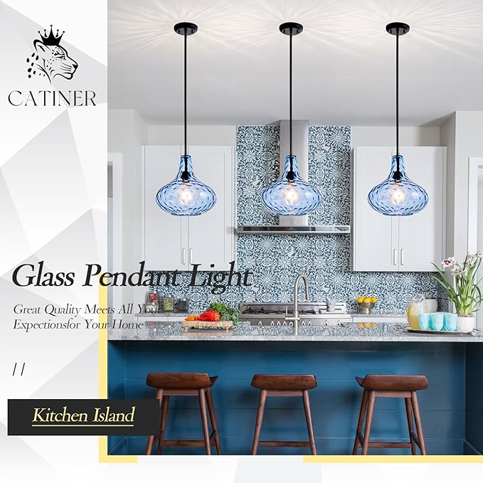 CATINER 11" Hand-Blown Blue Glass Pendant Light, Modern Hammered Glass Hanging Light Fixture with Black Finish, Adjustable Ceiling Pendant Lighting for Kitchen Island, Dining Room, Living Room