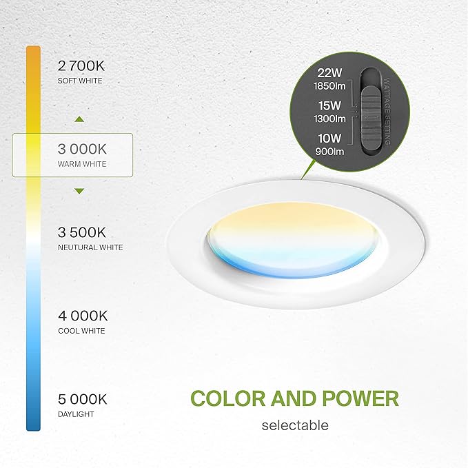 ASD 4 Inch Commercial Canless LED Downlight, Power Adjustable 7/10/13W Lighting, Dimmable Recessed Ceiling Light Fixture, 5 Color Temperatures 2700K-5000K, 120-277V IC Rated UL & Energy Star 8 Pack