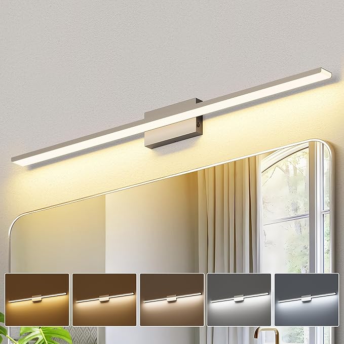 JUSHENG Brushed Nickel Modern LED Vanity Lights for Bathroom Light Fixtures, 47.24 Inch 42W 5CCT Dimmable Vanity Light Bar Bathroom Lighting