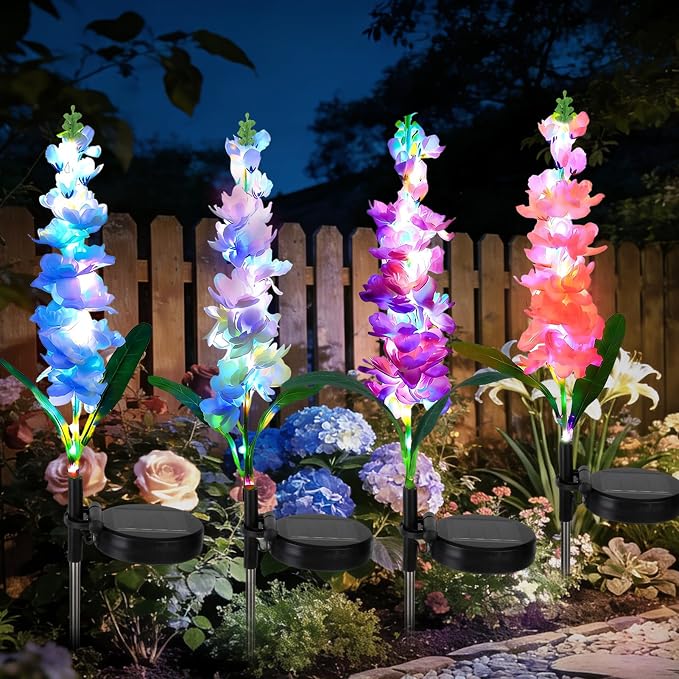 4 Pack Color Changing Solar Lights Delphinium Flower Decorative Lights | Auto ON/Off,Outdoor Waterproof,Garden Lights for Spring Lawn Pathway Landscape Birthday Gifts for Mom Women Grandma