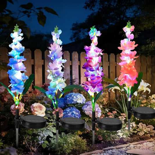 4 Pack Color Changing Solar Lights Delphinium Flower Decorative Lights | Auto ON/Off,Outdoor Waterproof,Garden Lights for Spring Lawn Pathway Landscape Birthday Gifts for Mom Women Grandma