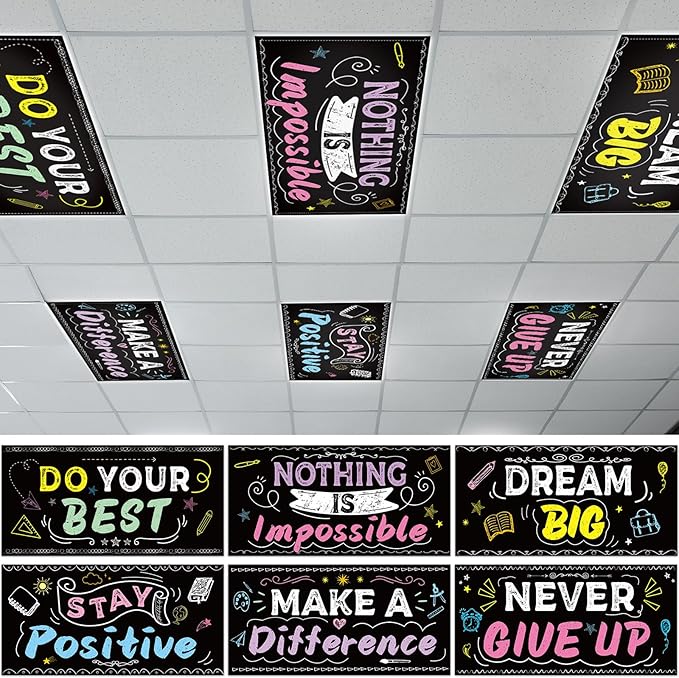 6Pcs Inspirational Fluorescent Light Covers for Classroom Ceiling Light 4x2Ft Motivational Word Magnetic Lights Cover Filter Easy Install for Back to School Office Hospital Ceiling Supply (Blackboard)