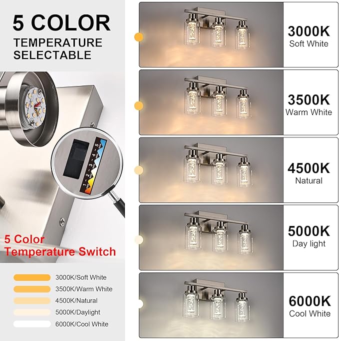 MELUCEE 4-Light LED Bathroom Lighting Fixtures Brushed Nickel, Dimmable LED Vanity Light for Bathroom 3000K-6000K Bathroom Wall Lights with Crystal Bubble Clear Glass Shade, Built-in LED Chips