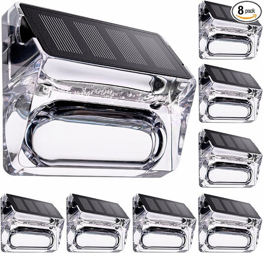 Qualdout Solar Step Lights Outdoor 8 Pack, Waterproof Solar Deck Lights with Clear Acrylic Lens, Warm White Dusk to Dawn Solar Fence Lights for Stairs, Railing, Patio, Yard, Pool, Garden