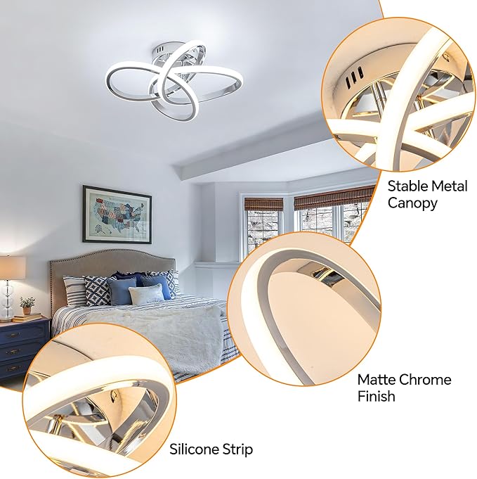 Modern LED Ceiling Light with Remote Control, Stepless Dimming, 3000-6000K Selectable, 36W, Dimmable LED Chandelier for Bedroom, Bathroom, Entryway, Hallway, Chrome Finish