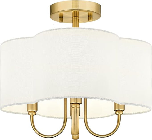 Gold Semi Flush Mount Ceiling Light, 13.5" 4-Light Light Fixtures Ceiling Mount with Beige Fabric Shade in Quatrefoil for Kitchen Nursery Entryway Hallway Bedroom, E12 Base, SM179-BG-B