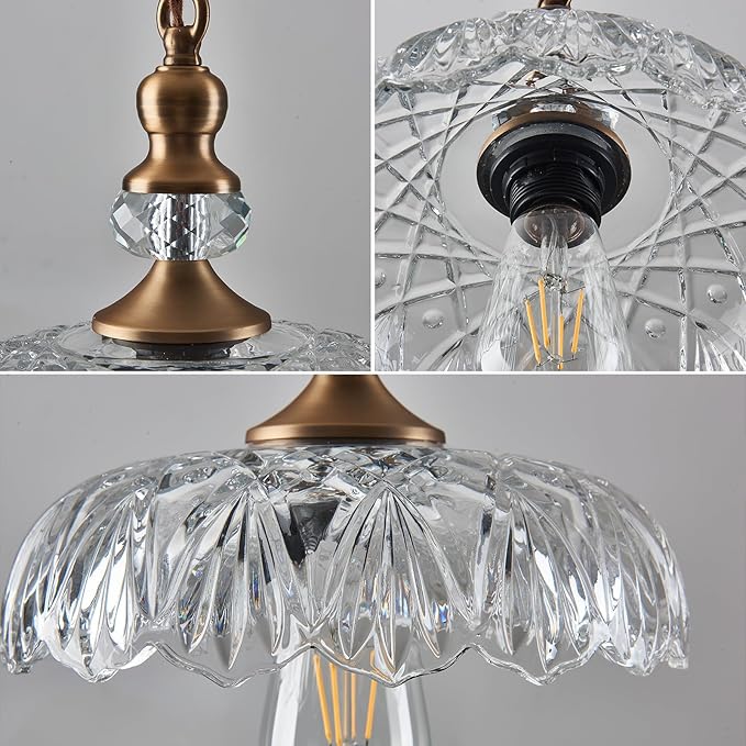 CVKASH Vintage Glass Pendant Light Fixture 3-Pack Brass Modern Adjustable Chandelier Farmhouse Hanging Ceiling Light for Hallway Porch Kitchen Bedroom Coffee Shop Dining Room