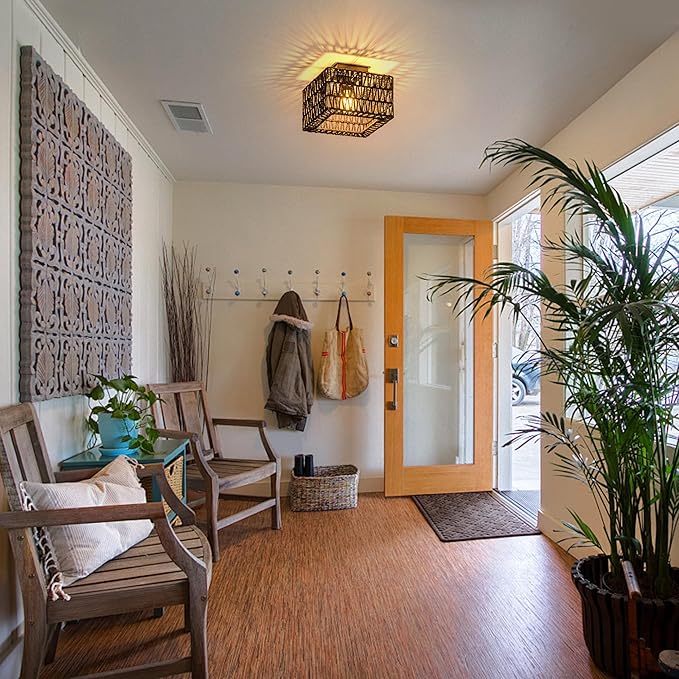 Rattan Ceiling Light, Black Boho Light Fixture, Square Flush Mount Ceiling Light for Bedroom, Hallway, Entryway, Kitchen, Laundry