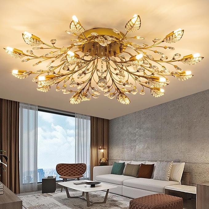 Crystal Ceiling Light Fixture,Semi Flush Mount Ceiling Lights,Chandelier Dining Room for Bedroom Living Room Dining Room Kitchen Hallway Foyer
