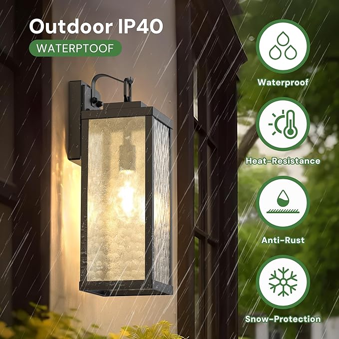 DORESshop Large Size Dusk to Dawn Outdoor Wall Lights, 16 Inch Matte Black Waterproof Anti-Rust Outdoor Light Fixtures Wall Mount with Water Ripple Glass Shade for Porch, Garage, ETL Listed, 2 Pack