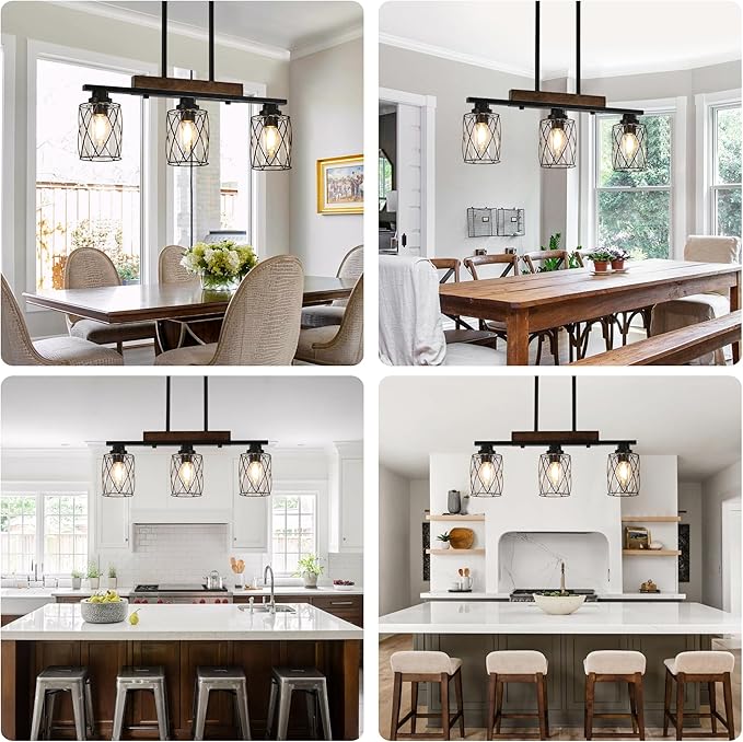 3-Light Dining Room Light Fixture/Chandelier Over Table, Island Lighting Hanging for Farmhouse Linear Chandeliers Matte Black Rustic Wood Ceiling Pendant Light Fixtures, with Clear Glass Shade