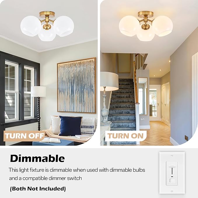 KoKo&Yukina 3-Light Mid Century Modern Gold Semi Flush Mount Ceiling Light Globe Sputnik Chandelier Fixture Milk Glass Globe Ceiling Lights for Bedroom Living Room Hallway Entryway Foyer