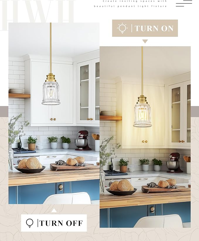 Brushed Gold Pendant Lights Kitchen Island 2 Pack, HWH 6 Inch Hanging Lights Fixtures with Bell-Shaped Fluted Clear Glass, Modern Kitchen Island Lighting, 5HZG106MIL-2L BG