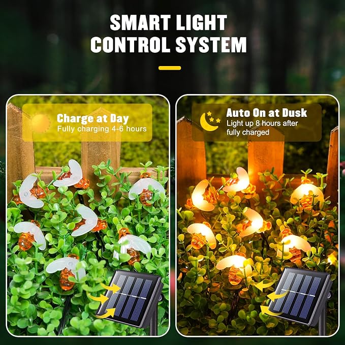 JMEXSUSS Solar Bee Lights Outdoor Waterproof, 30.6FT 50 LED Solar Fairy Lights, 8 Modes Twinkle Light for Outside Garden Patio Yard Decorations