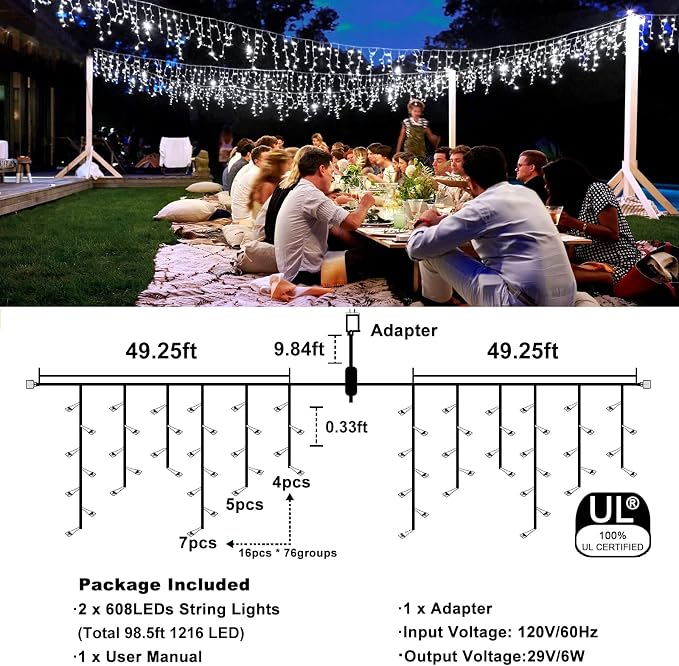 Icicle Christmas Lights Outdoor - 98FT 1216 LED Icicle Lights for Outside with 8 Modes Timer, 228 Drops Waterproof Hanging String Light Indoor for House Eaves Patio Wedding Decorations, Cool White