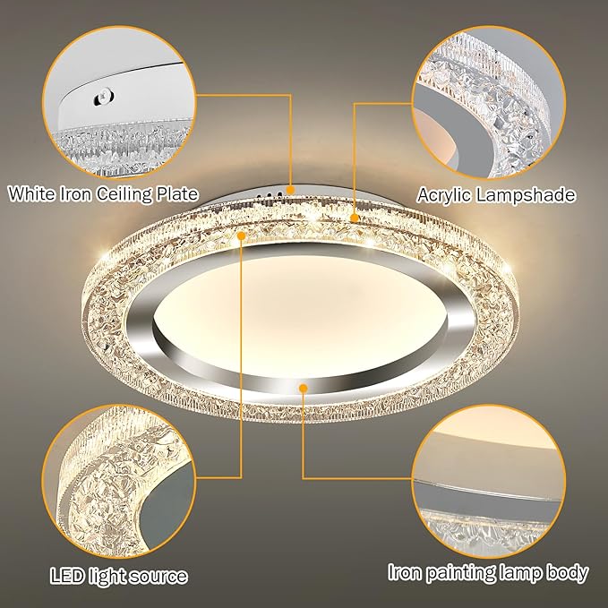 UOFUS 28W LED Flush Mount Ceiling Light Chrome 12inch Modern Round Ceiling Light Fixture 3000K-6000K Super Bright Circle Ceiling Lamp for Bedroom Kitchen Dining Room Entryway Hallway Foyer
