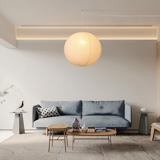 Paper Lantern Lamp Plug in Hanging Lamp, 20in White Rice Paper Pendant Light with 19.7FT Cord Large Globe Japanese Japandi Wabi Sabi Chandelier for Dining Living Room Bedroom Office 1 Pack