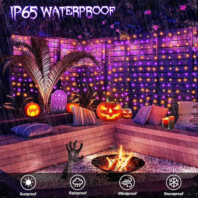 Halloween Battery Curtain Lights Purple Orange with Remote Timer 9.8×9.8ft
