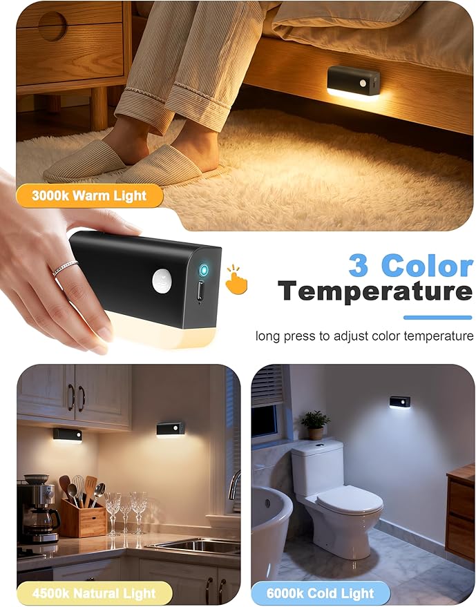 NIORSUN Motion Sensor Stair Lights Indoor, 6 Pack Rechargeable Wireless Step Lights with 3 Color Temperatures, 1200mAh Battery, Magnetic Base for Hallway, Closet, Bathroom, Black