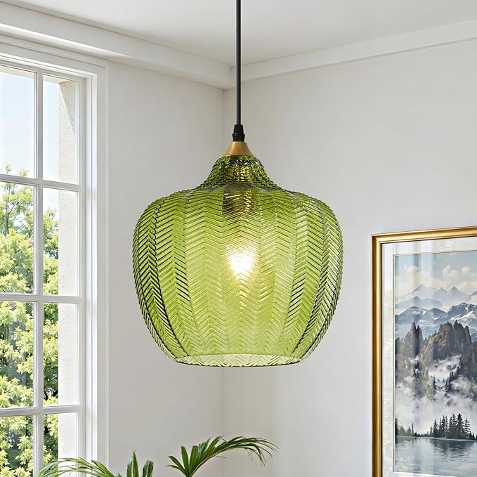 Modern Gold Pendant Light, Green Glass Farmhouse Kitchen Island Pendant Light Fixture Adjustable Vintage Hanging Ceiling Light for Dining Room Corridor 9.45 inch 1 Pack, UL Certification