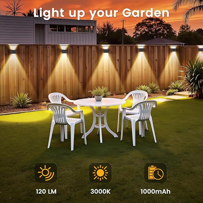 Solar Fence Lights Outdoor, 2 Pack Solar Up Down Wall Lights for Outside, IP67 Fence Lights Solar Powered Dusk to Dawn Auto-Work for Patio Garden Backyard Porch Deck Pathway Step (Warm-White)