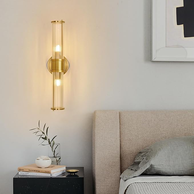 Gold Wall Sconce, Bathroom Light Fixtures with Threaded Glass Indoor Wall Sconces, Modern Sconce Wall Lighting Up and Down Vanity Lights Fixtures for Bathroom Mirror, Hallway, Living Room