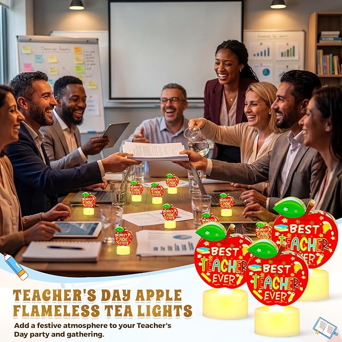 Handepo 15 Pcs Teachers Appreciation Tea Lights Gift Best Teacher Ever Flameless Candle Apple Shaped LED Battery Operated Office Table Decor for Thank You Teachers Women Men Tutor Back to School