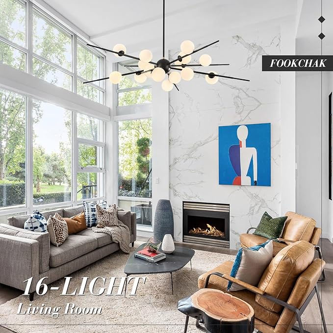Large Black Sputnik Chandelier 51in 16-Light Frosted Glass Chandelier Light Fixture Mid-Century Modern Molecular Chandeliers for Large Living Room Dining Room Foyer Kitchen Bedroom