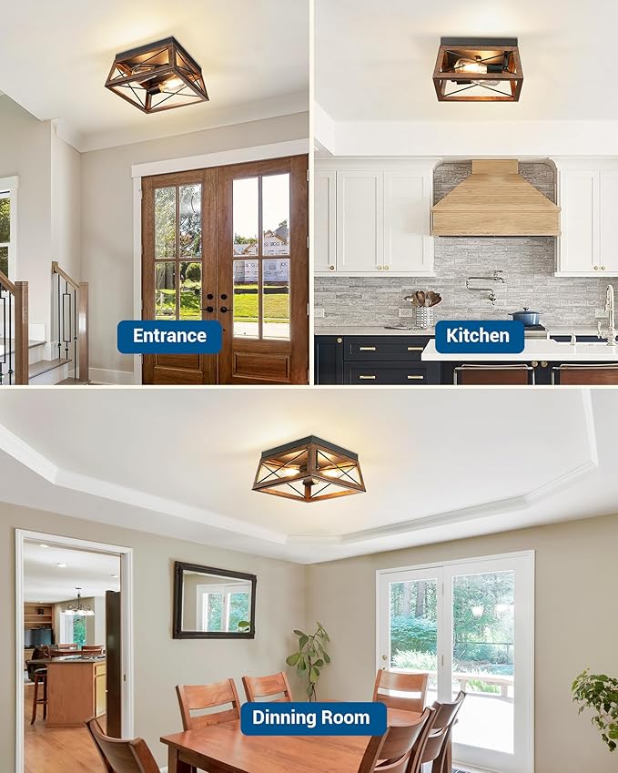 DEWENWILS Farmhouse Flush Mount Ceiling Light with Wood Grain Finish, 2-Light Metal Light Fixture for Kitchen Hallway Entryway Porch