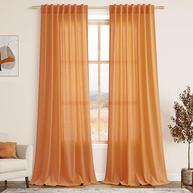 Orange Linen Semi Sheer Curtains 108 Inches Long 2 Panels Set Back Tab Loop Pocket Linen Blend Boho Large Window Curtain Extra Long Light Filtering Drapes High Ceiling Curtains for Living Room 52x108