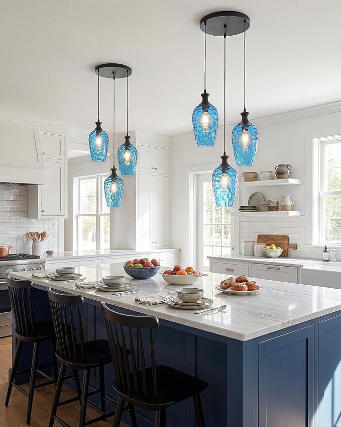 3-Light Pendant Lighting, Black Dining Room Chandelier Light Fixture Over Table with Blue Hammered Glass, Modern Cluster Hanging Lights for Kitchen Island Sink, E26