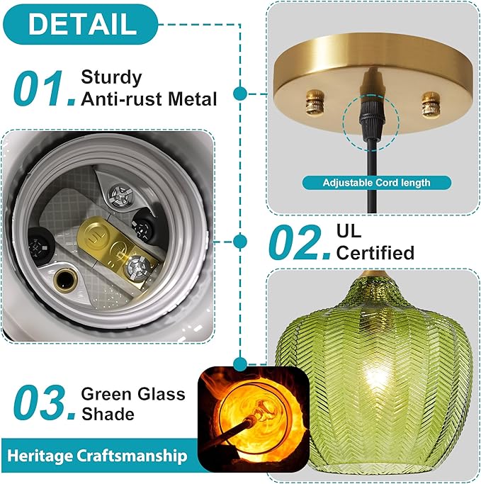 Modern Gold Pendant Light, Green Glass Farmhouse Kitchen Island Pendant Light Fixture Adjustable Vintage Hanging Ceiling Light for Dining Room Corridor 9.45 inch 1 Pack, UL Certification