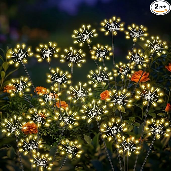 Solar Garden Lights Outdoor, Upgraded Solar Swaying Starburst Light Waterproof with 2 Modes, Solar Fairy Firework Lights for Yard Patio Pathway Flowerbed Balcony Garden Decoration (Warm White, 2 Pack)