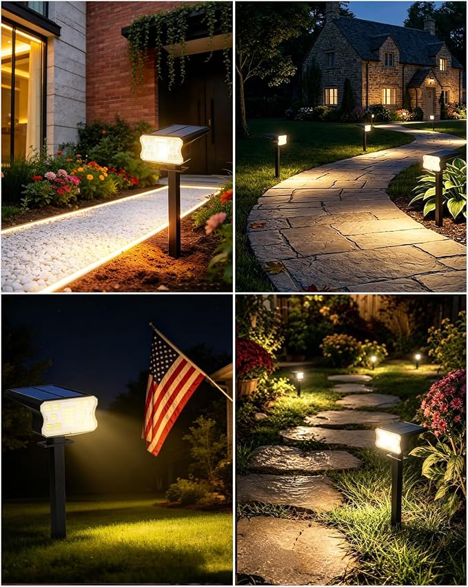 HGGH Solar Lights Outdoor Waterproof IP67, 60 LED 3 Lighting Modes Solar Spot Lights Outdoor for Yard Garden Pathway Landscape, Auto On/Off, Function 2 in 1(Warm White, 4 Pack)