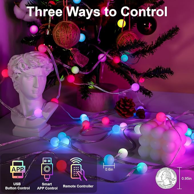 Christmas String Lights Indoor RGB Smart Twinkle Light 32.8Ft 66LEDs with Music Sync RF Remote APP Control, USB Powered Color Change Fairy Lights for Garden Bedroom Party Valentine's Day Decor