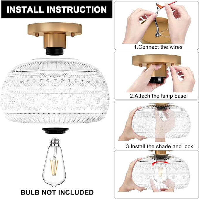 Semi Flush Mount Ceiling Light Fixture, 11" Vintage Gold Hallway Lights Fixture Ceiling with Clear Glass for Kitchen, Hallway, Bathroom and Entry Way,Compatible with E26 Light Bulb