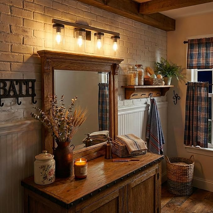 Rustic Vintage Wall Sconce, Farmhouse Vanity Light, Bathroom Wood Wall Light Over Mirror with Seedy Glass Shade.(Pinewood, 4-Light)