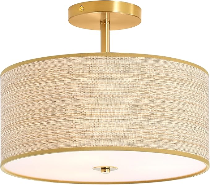 Fabric Semi Flush Mount Lighting Fixture, Modern Semi Chandeliers for Dining Room, Drum Farmhouse Ceiling Lighting Fixture, Brown Fabric Shade 3-Light for Kitchen Island Bedroom Hallway Foyer