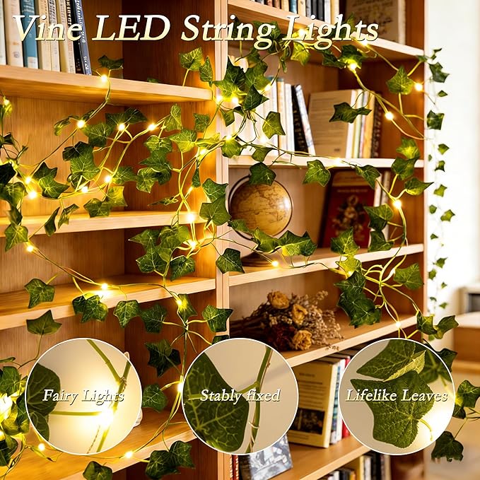 66FT Ivy Vines with Fairy Lights, IP44 Waterproof 200LED String Lights with 8 Modes & Timer, Battery Operated Artificial Greenery Garland for Aesthetic Bedroom Wall Decor, Party, Wedding