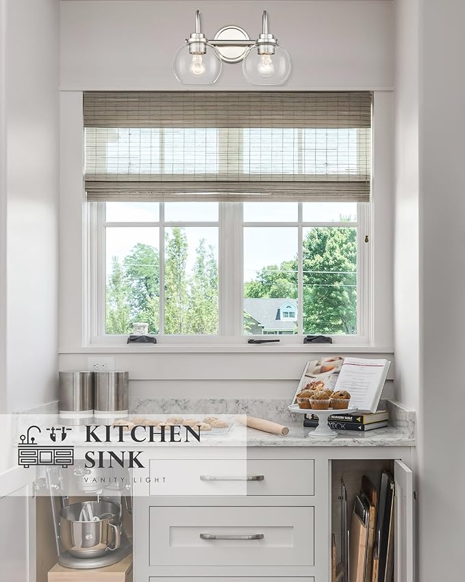 2-Light Bathroom Light Fixtures, Brushed Nickel Vanity Light with Globe Clear Glass Shade, Modern Vanity Lighting Fixtures Over Mirror, AD-22280-2W-SN