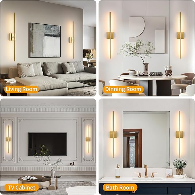 Morauroral 30″ Gold Battery Operated Wall Sconces Set of 2, Dimmable Wall Sconces with Remote Control, Rechargeable Sconces Wall Lighting, LED Wireless Wall Lights for Bedroom, Living Room, Bathroom