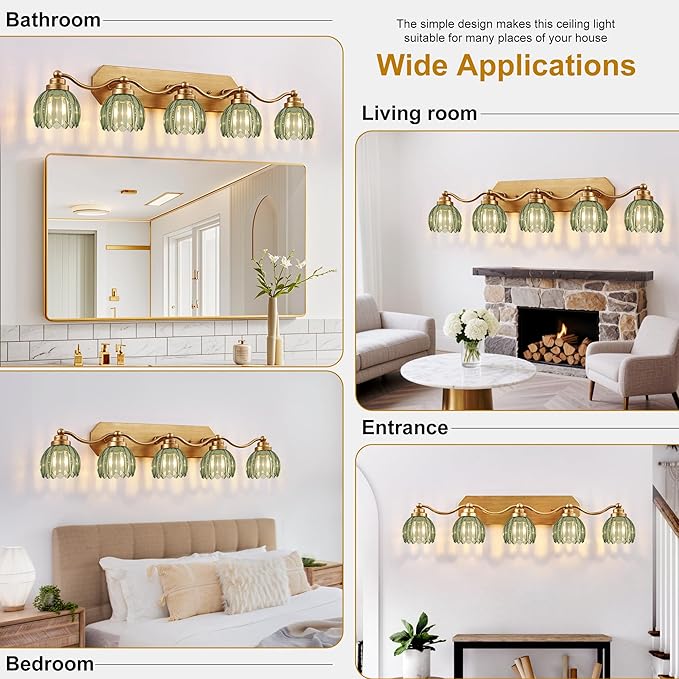 Vintage Bathroom Light Fixtures, Bathroom Lighting Fixtures Over Mirror, Gold Matte Antique Brass Finish with Green Crystal Glass Shade, Wall Sconces Lighting for Bedroom, Living Room (Green, 5-Light)