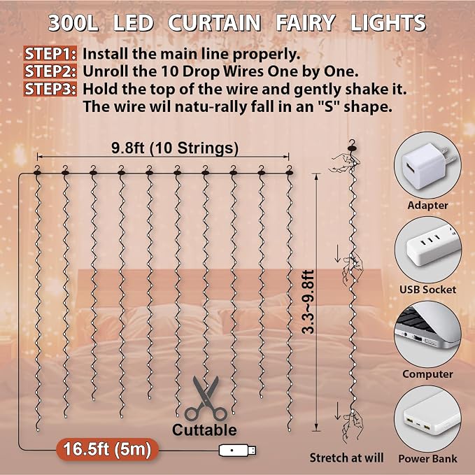 HXWEIYE 300LED Fairy Curtain Lights, 9.8x9.8Ft USB Plug-in 8 Modes Christmas String Hanging Lights with Remote for Bedroom Backdrop Wedding Indoor Wall Decor, Orange, Standard – 1 Pack