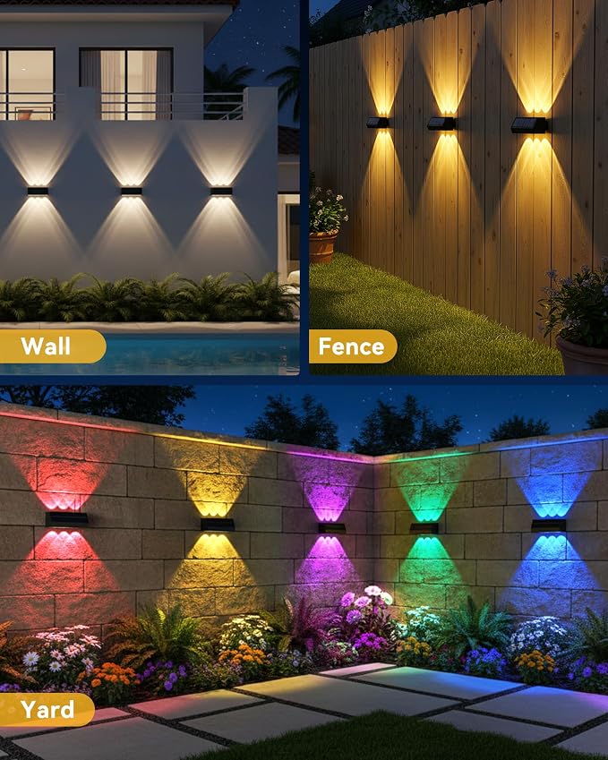 Solar Fence Lights Outdoor 12 Pack, 3 Modes & 10 RGB Colors, Up and Down Fence Lights Solar Powered for Outside, Deck Lighting for for Backyard/Garden/Patio/Garage Wall Decor