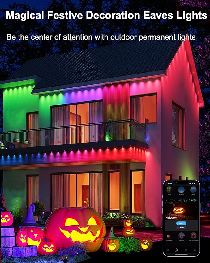 Permanent Outdoor String Lights, 50ft RGBW+IC Smart LED Eaves Lights Waterproof IP67, App & Remote Control, Multi-Colored DIY Scene Lighting for Halloween Christmas House Year-Round Decor