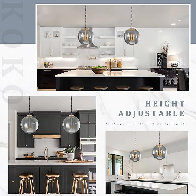 KoKo&Yukina 13.7 Inch Globe Pendant Light Adjustable Gold Globe Pendant Lights Kitchen Island Mid Century Light Fixture with Grey Glass Shade for Living Room