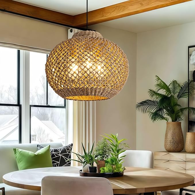 Farmhouse Rattan Chandelier 17” Boho Natural Seagrass Hanging Pendant Lights 3-Lights Hand-Woven Wicker Dining Room Light Fixture for Kitchen Island Entry Living Room Bedroom Hallway